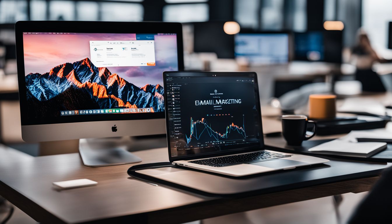 A laptop displaying email marketing analytics in a modern office. A laptop displaying email marketing analytics in a modern office.
