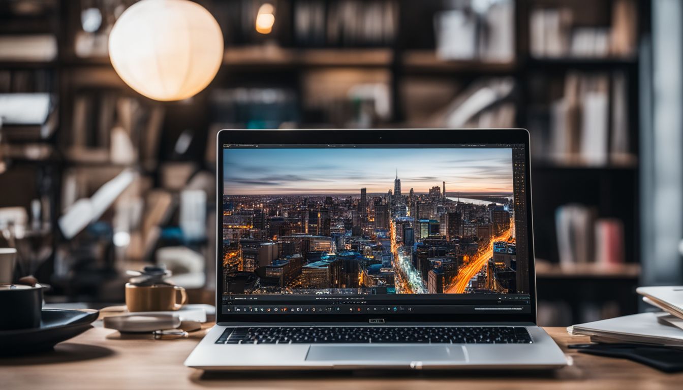 A laptop displaying analytics tools surrounded by photography and SEO books.