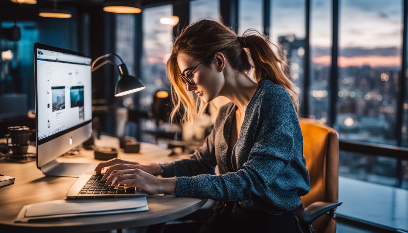 A content creator working on a laptop in a modern office. A content creator working on a laptop in a modern office.