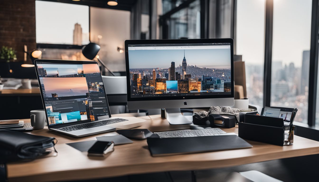 A well-equipped office desk with marketing materials and a laptop. A well-equipped office desk with marketing materials and a laptop.