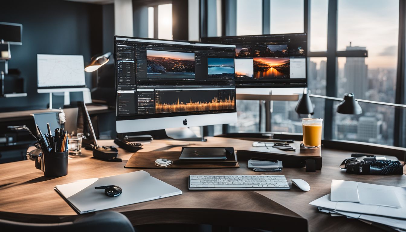 A modern office desk with technology and diverse people portraits.