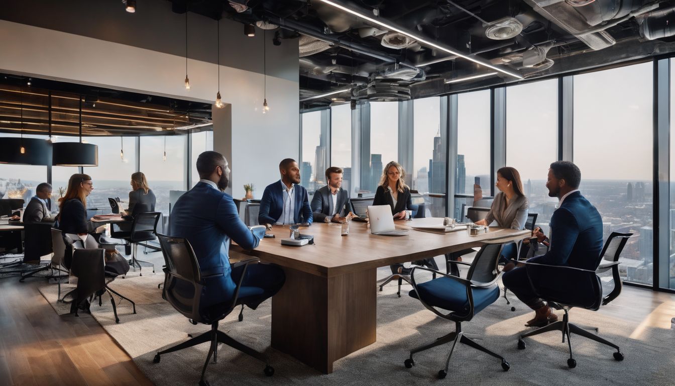 A group of diverse professionals having a discussion in a modern office. A group of diverse professionals having a discussion in a modern office.
