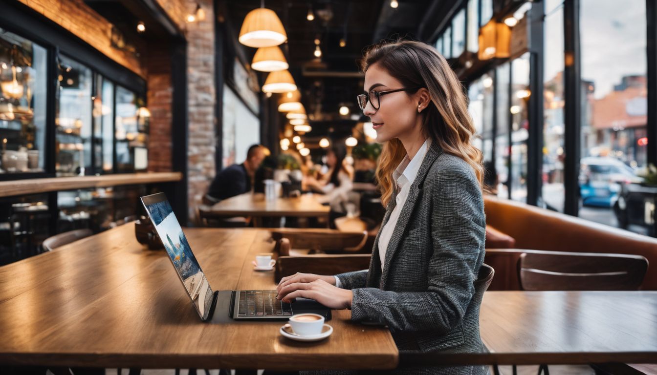 A person working on a laptop in a busy coffee shop. A person working on a laptop in a busy coffee shop.