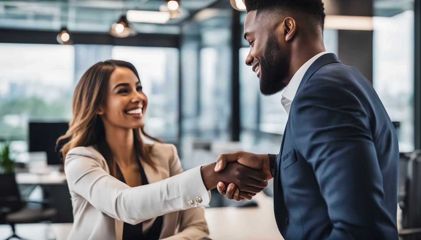 A business professional shaking hands with a client in a modern office.
