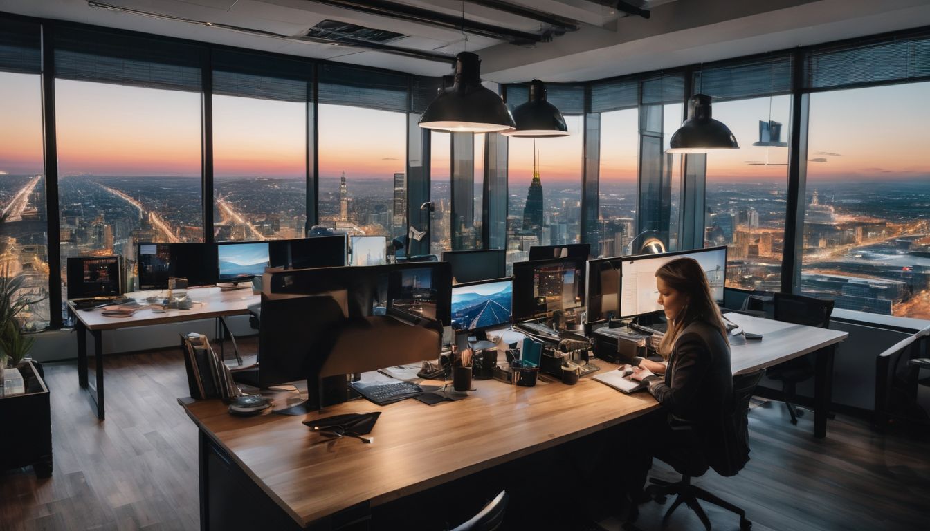 A person working on a laptop in a multi-cultural, fast-paced office environment. A person working on a laptop in a multi-cultural, fast-paced office environment.