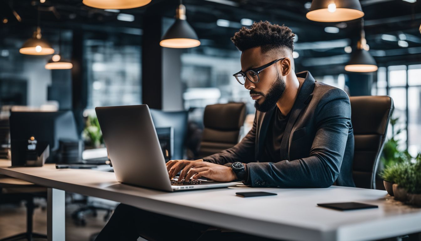 A web developer works in a modern office space on a laptop.