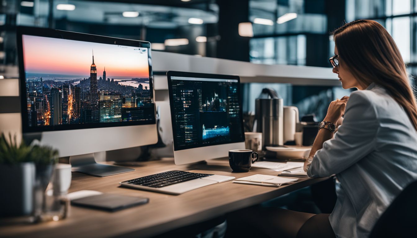 A person analyzing email analytics on a laptop in a modern office. A person analyzing email analytics on a laptop in a modern office.