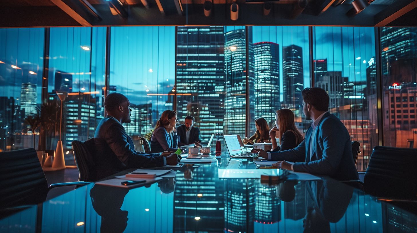 A diverse team of professionals collaborating around a conference table.