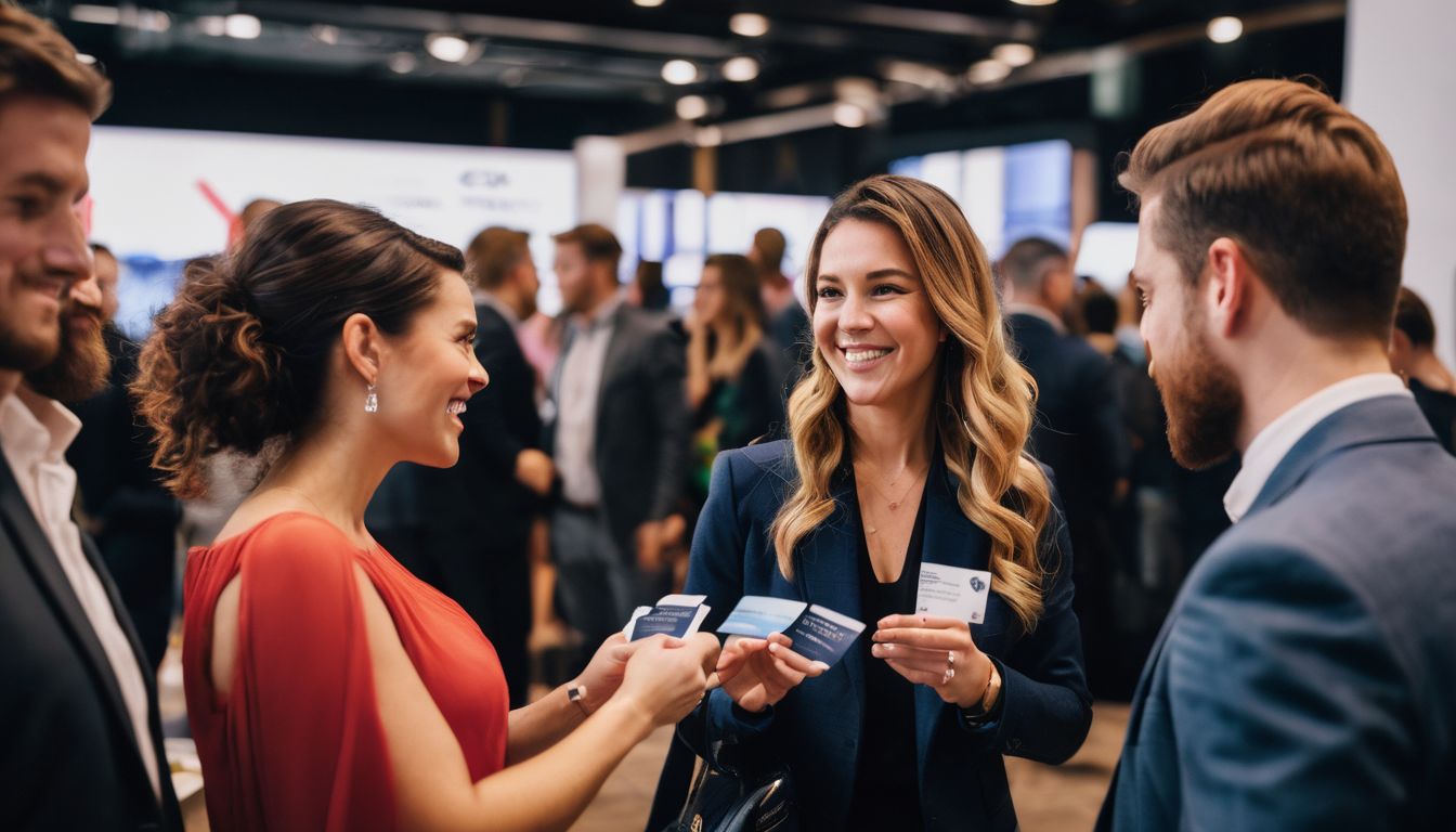 A diverse group of professionals exchanging business cards at a networking event. A diverse group of professionals exchanging business cards at a networking event.
