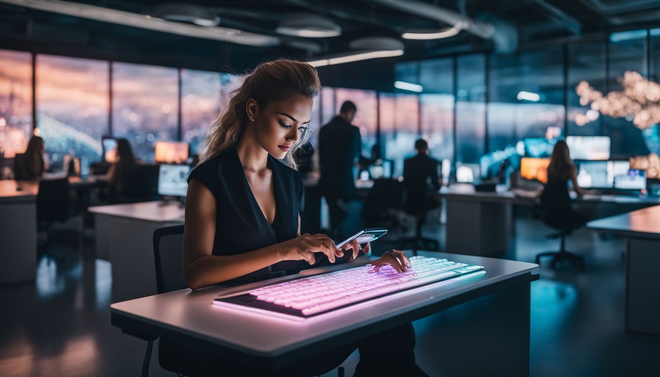 A woman typing on a futuristic holographic keyboard in a modern office. A woman typing on a futuristic holographic keyboard in a modern office.