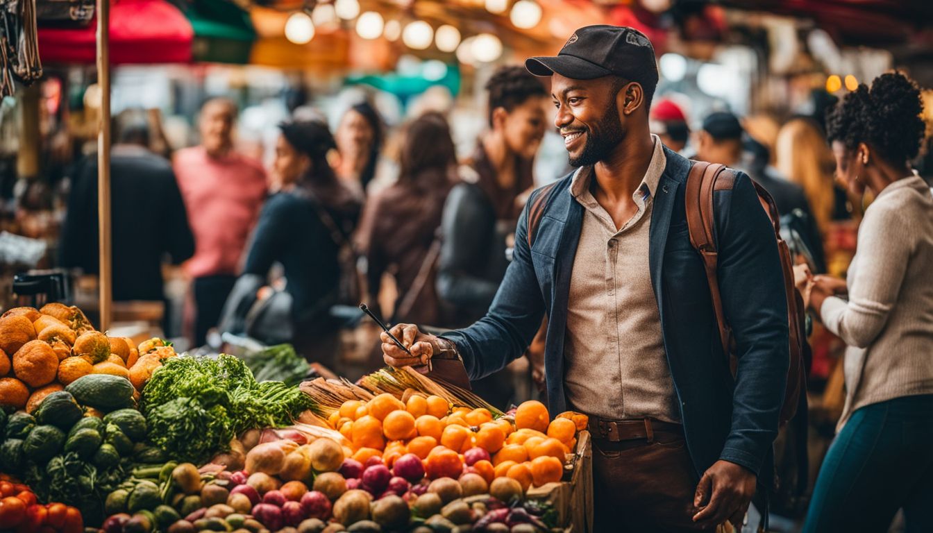 A business owner interacts with local customers in a busy city market.