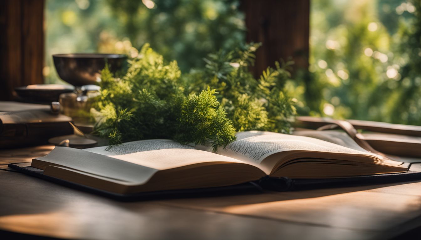 A book on a wooden desk surrounded by greenery with diverse portraits. A book on a wooden desk surrounded by greenery with diverse portraits.