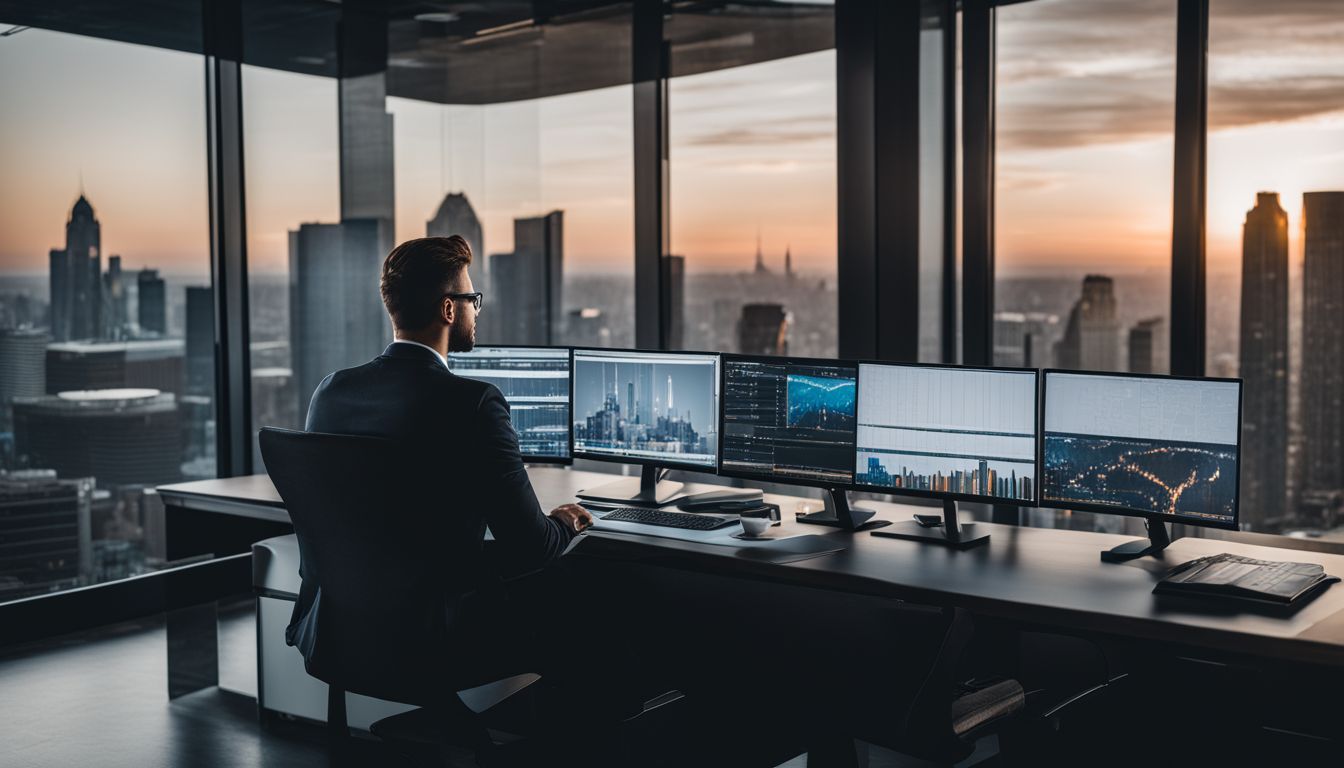 A businessman at a desk surrounded by multiple computer screens.