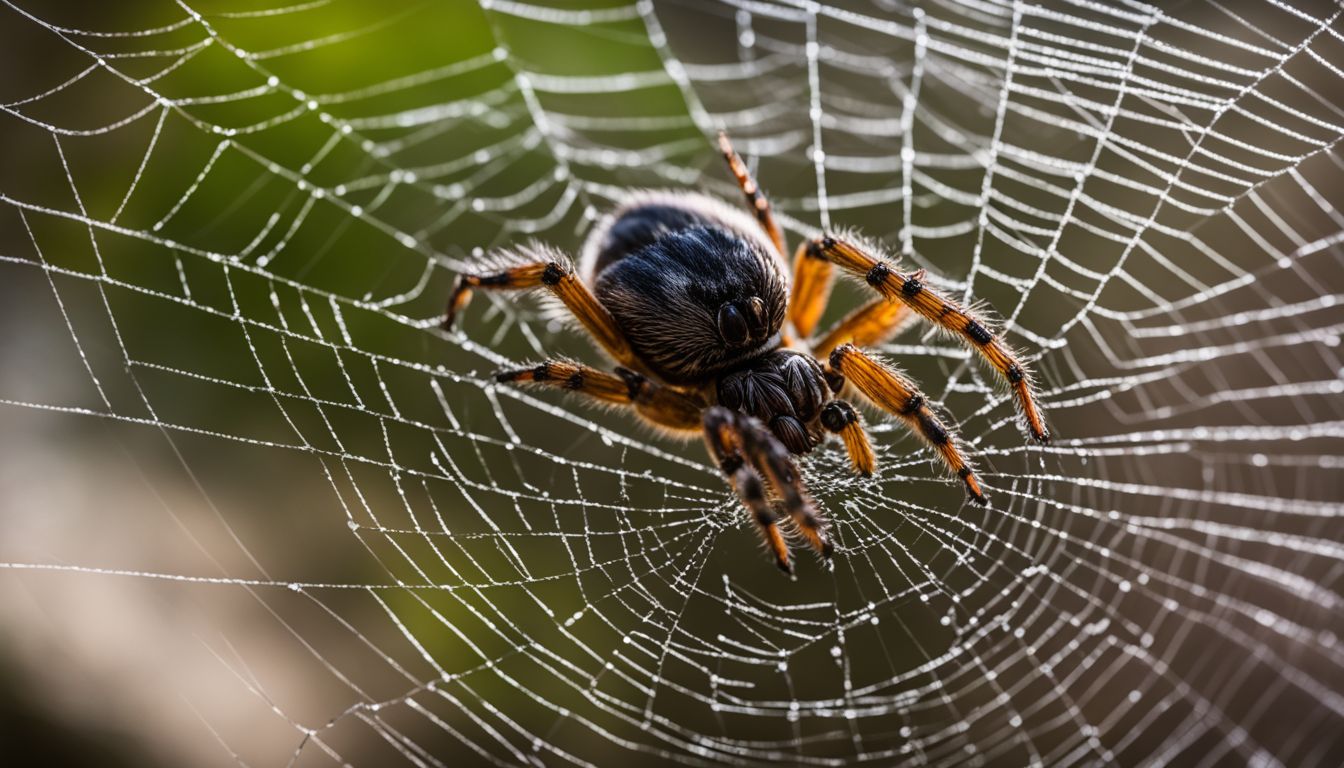 A spider crawling through a web in a dark environment.
