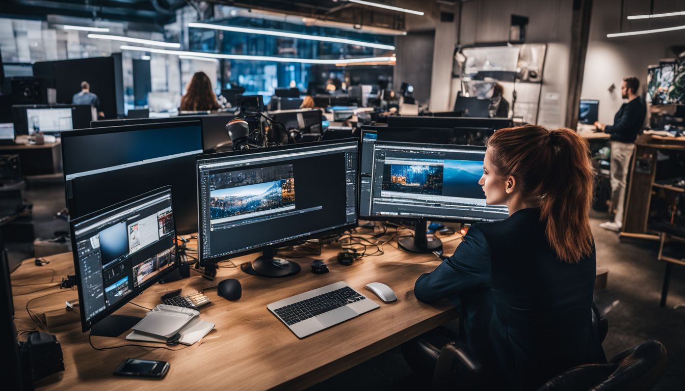 A modern computer workstation with multiple screens and digital marketing tools.