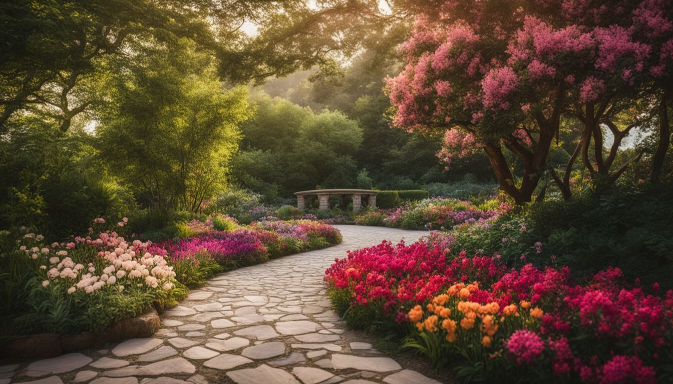 A vibrant garden with diverse people enjoying the beautiful scenery.