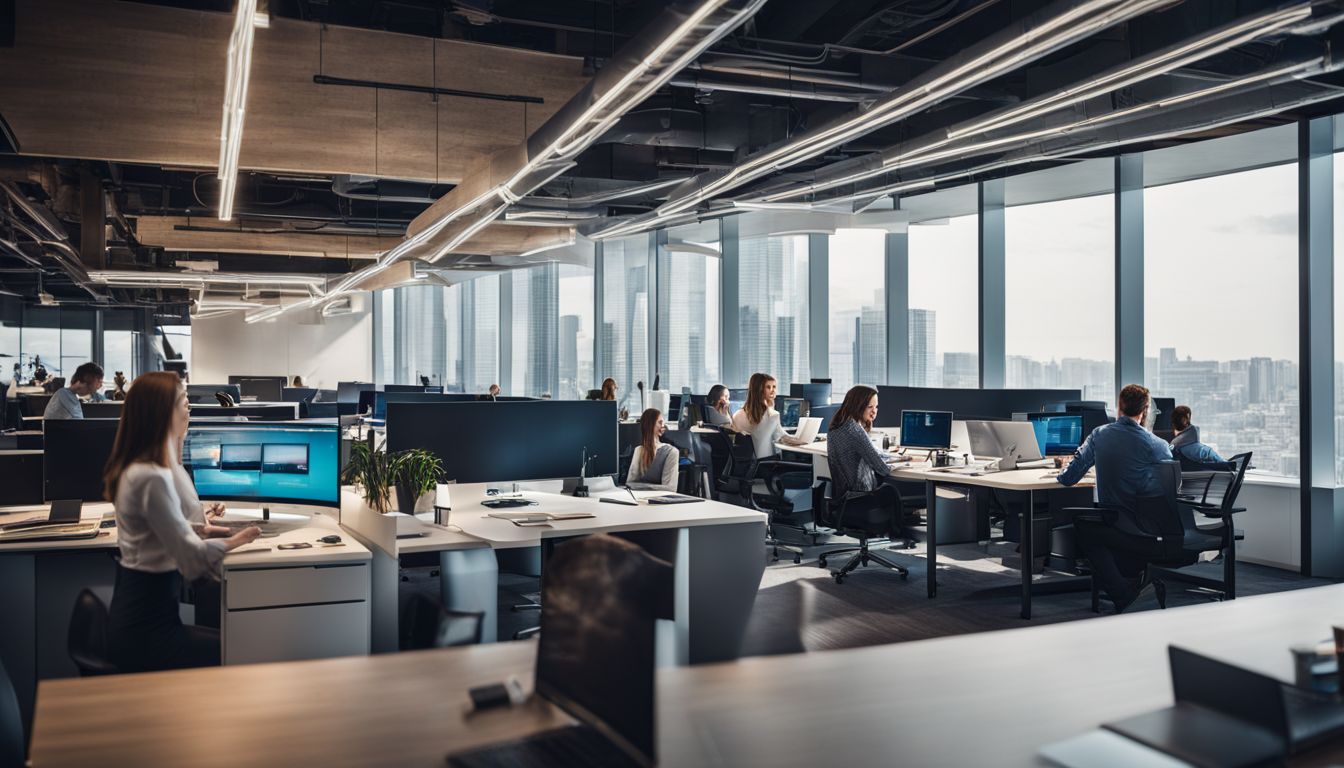 A modern office with Cisco technology and diverse individuals working. A modern office with Cisco technology and diverse individuals working.