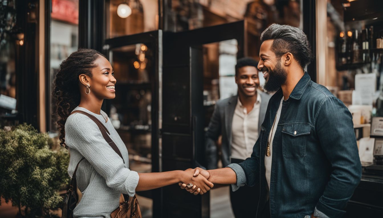 Local business owner and satisfied customer shaking hands in front of storefront.