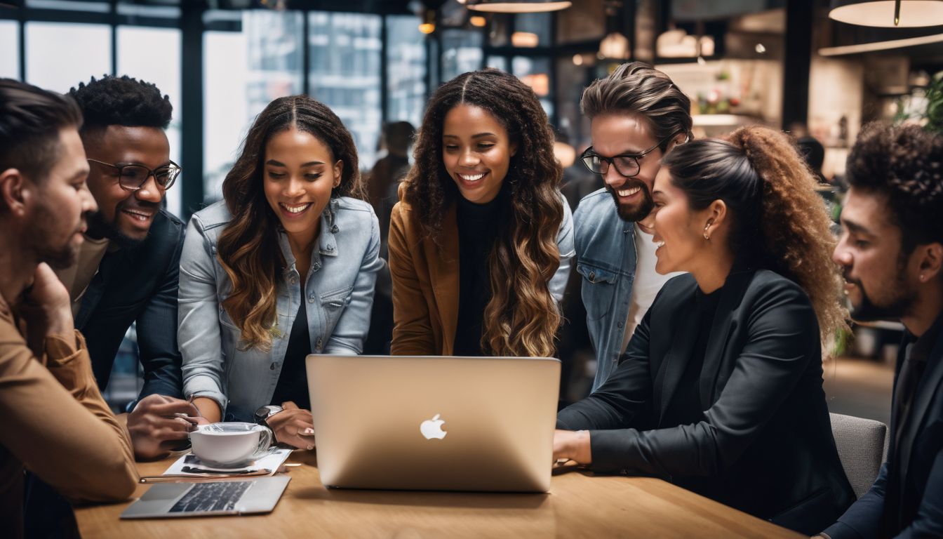 A group of professionals discussing digital marketing strategies around a laptop.