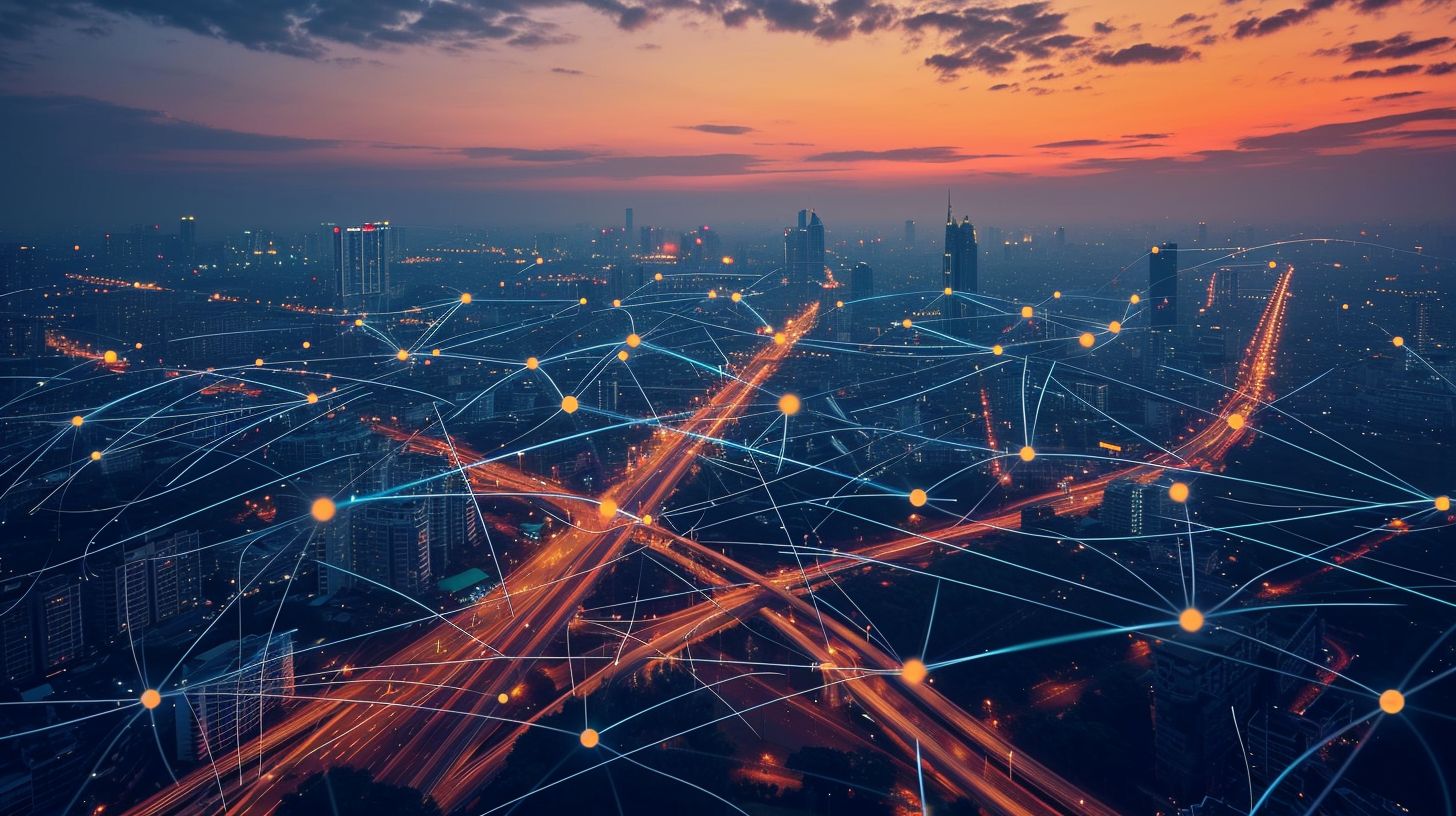 A complex network of roads and pathways in a city at dusk.