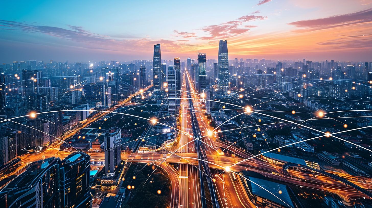 A complex network of roads and pathways in a city at dusk.