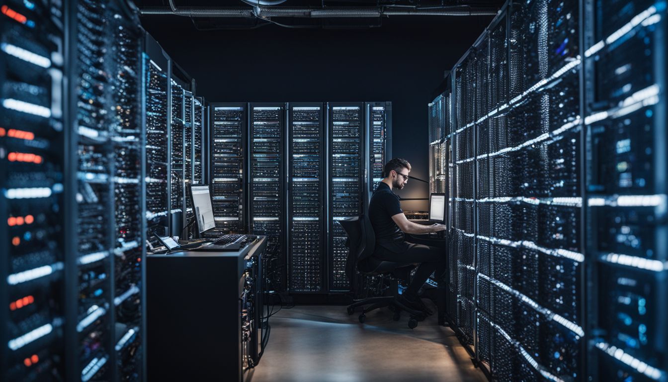 A web developer adjusts a robot's txt file in a server room.