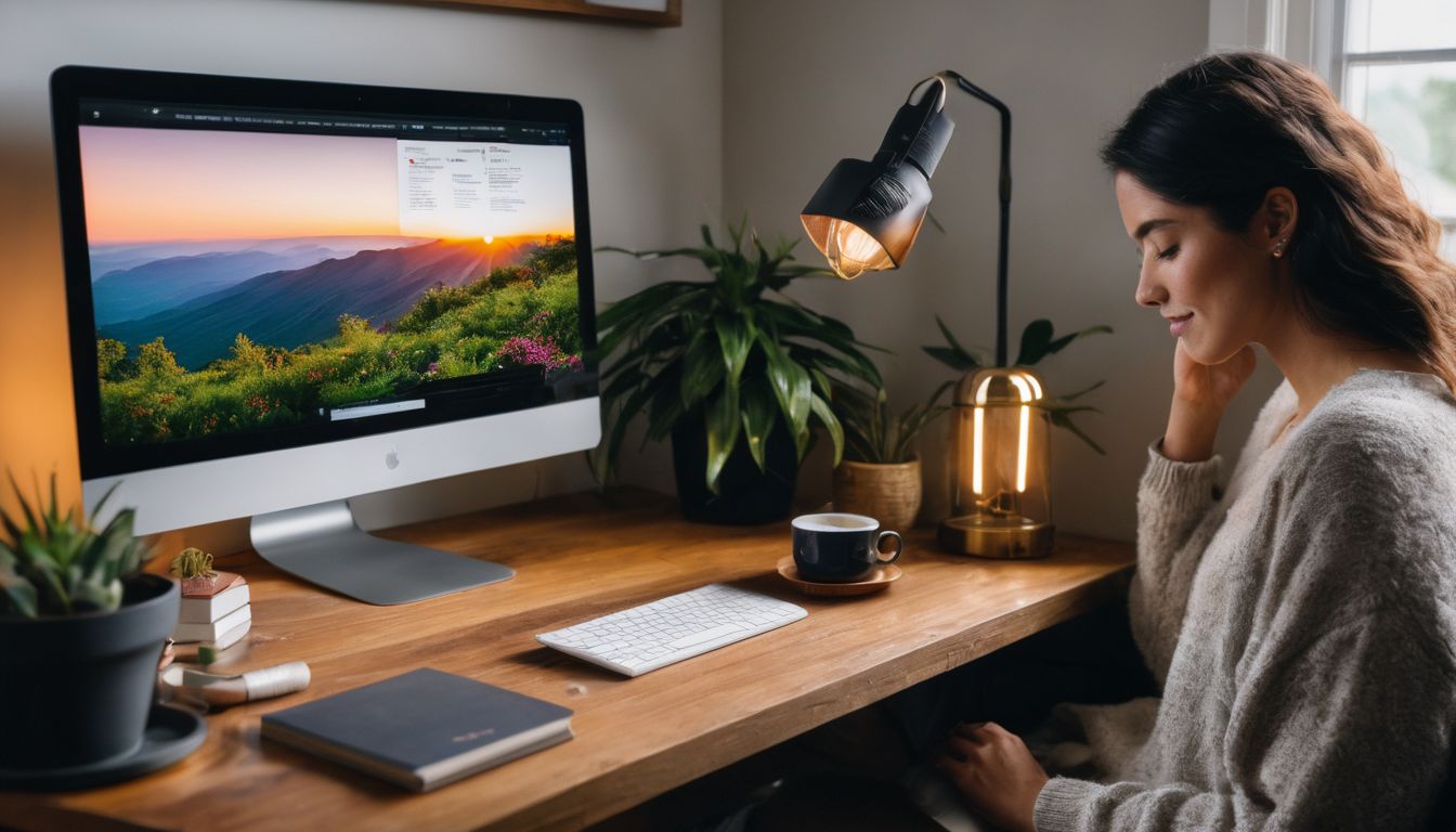 A person reading an e-book in a cozy home office surrounded by plants. A person reading an e-book in a cozy home office surrounded by plants.