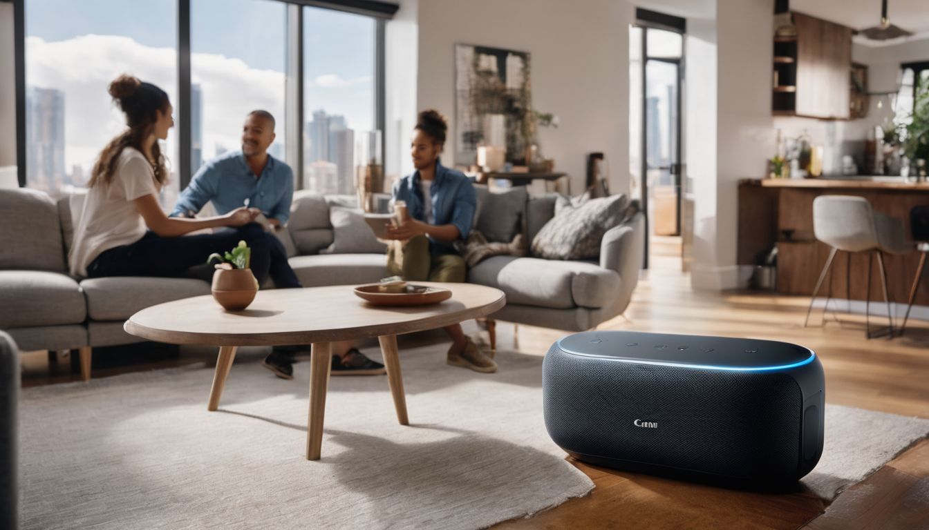 A person interacting with a smart speaker in a modern living room.