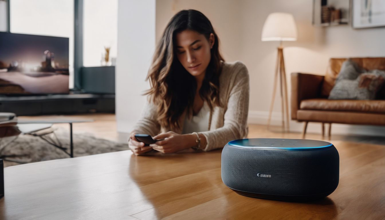 A person interacting with a voice-activated smart speaker in a modern living room.