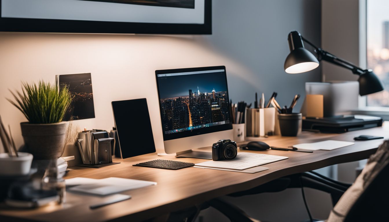 A modern desk with office supplies, diverse cityscape photography, and sharp focus. A modern desk with office supplies, diverse cityscape photography, and sharp focus.