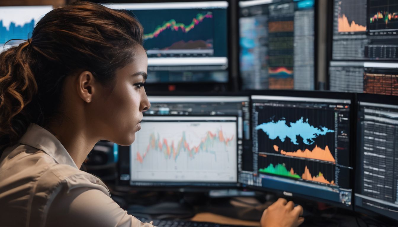 A person analyzing data on a computer surrounded by charts and graphs. A person analyzing data on a computer surrounded by charts and graphs.