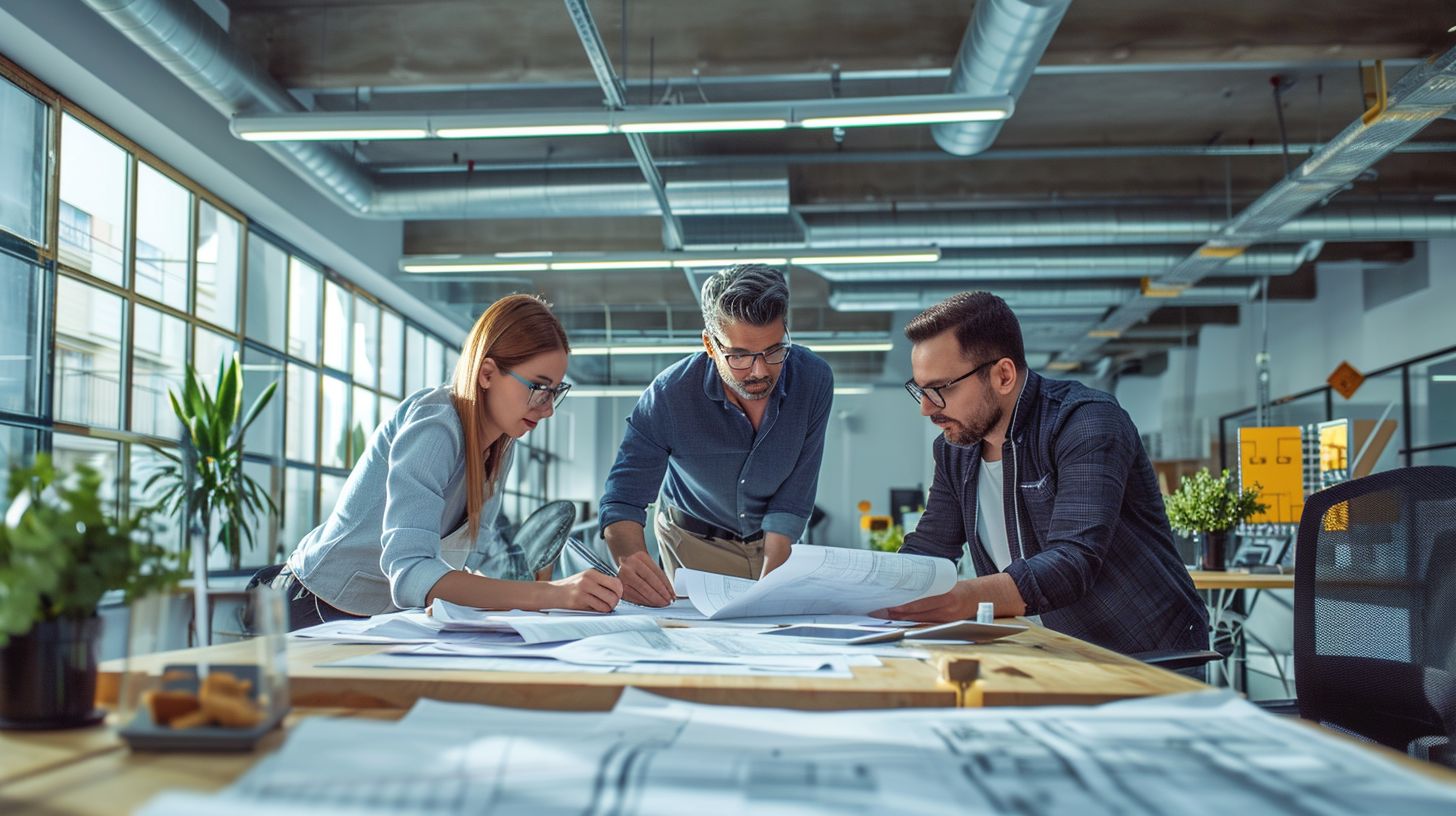A team of architects analyzing blueprints in a modern office.