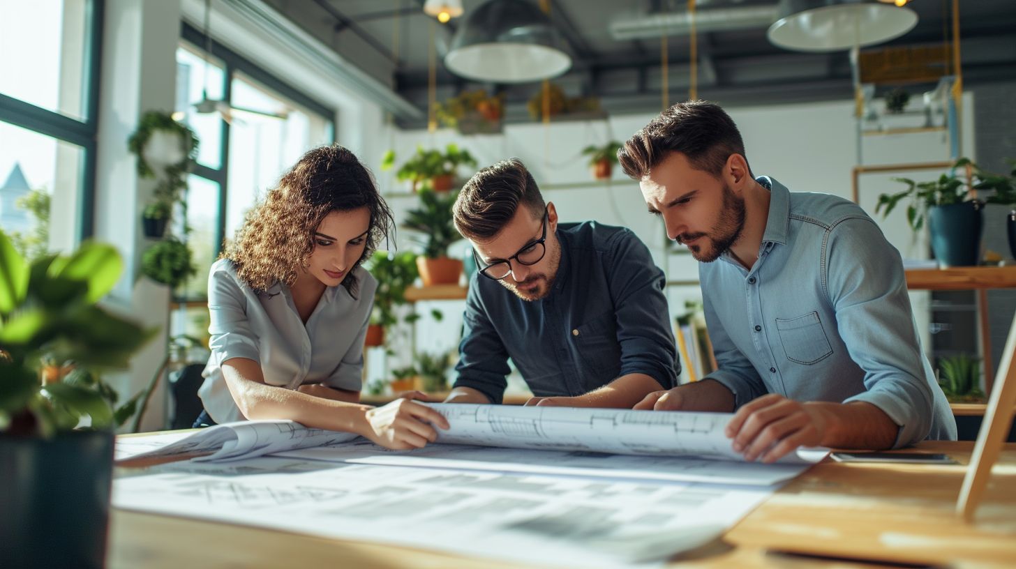 A team of architects analyzing blueprints in a modern office.