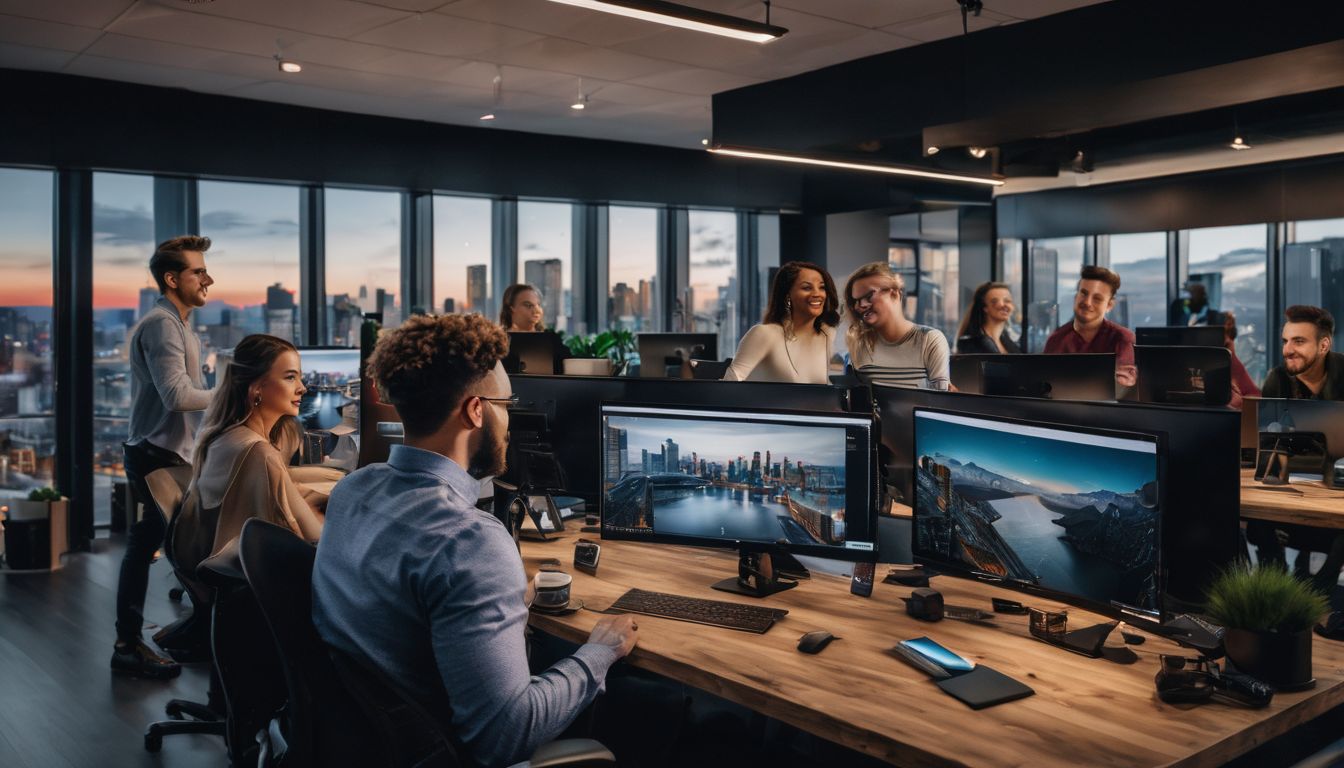 A team of content creators working in a modern office space.