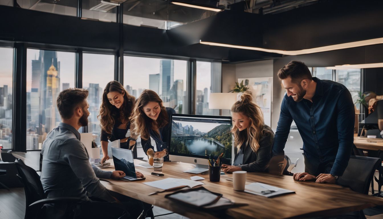 A diverse team brainstorming in a modern office space.