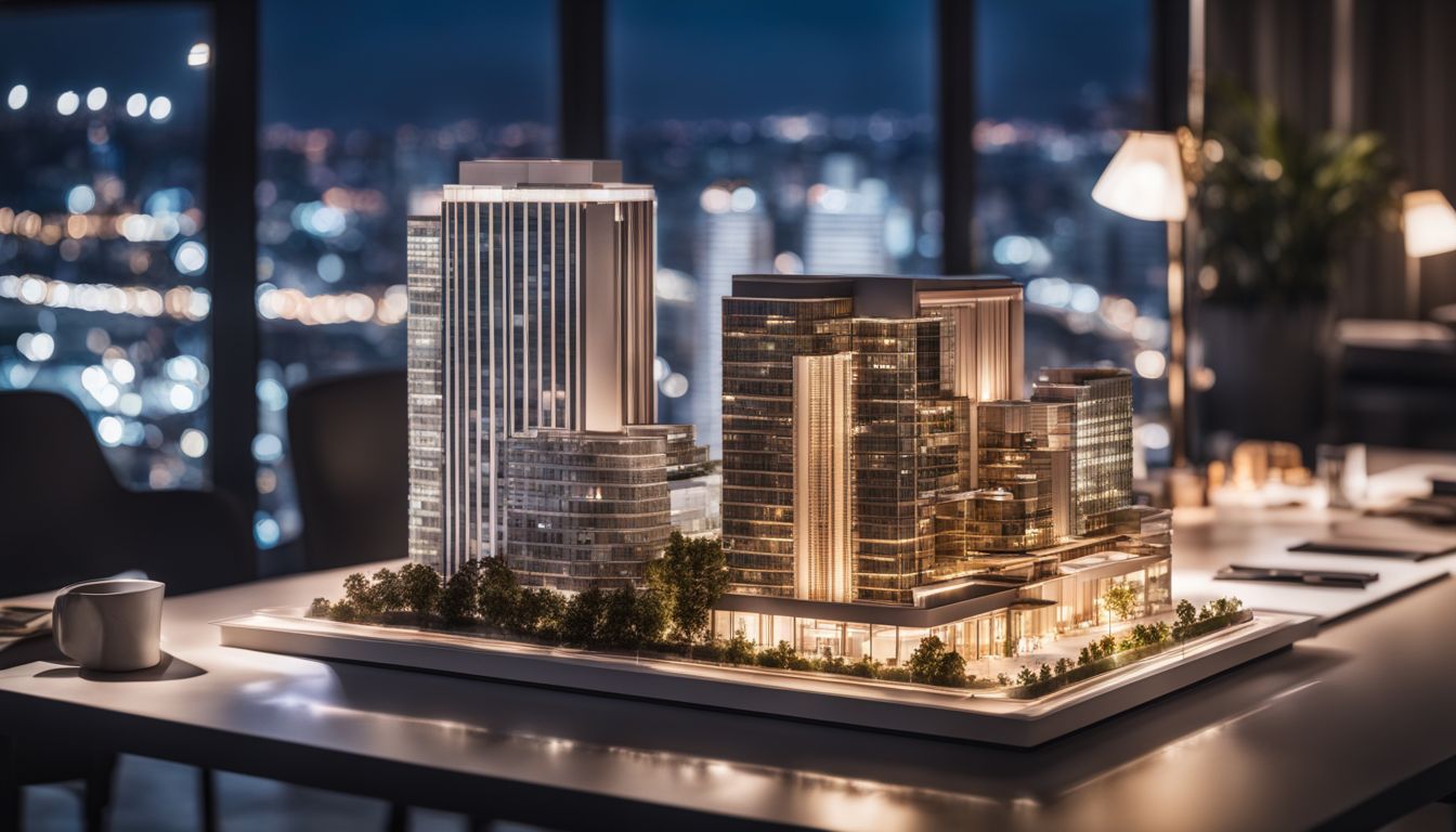 An architectural model on a modern desk with cityscape photography.