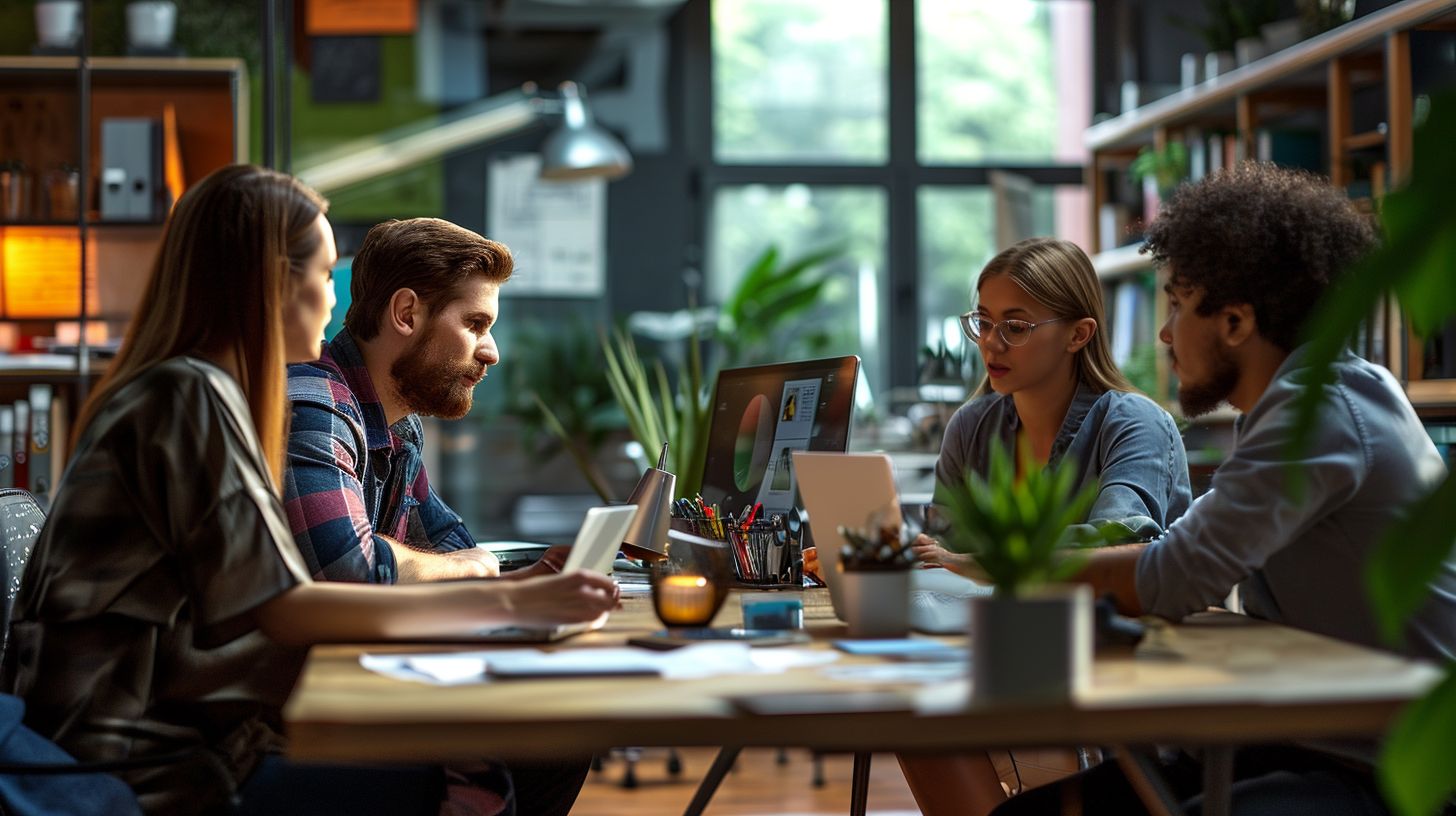 A team brainstorming content ideas in a modern city office.