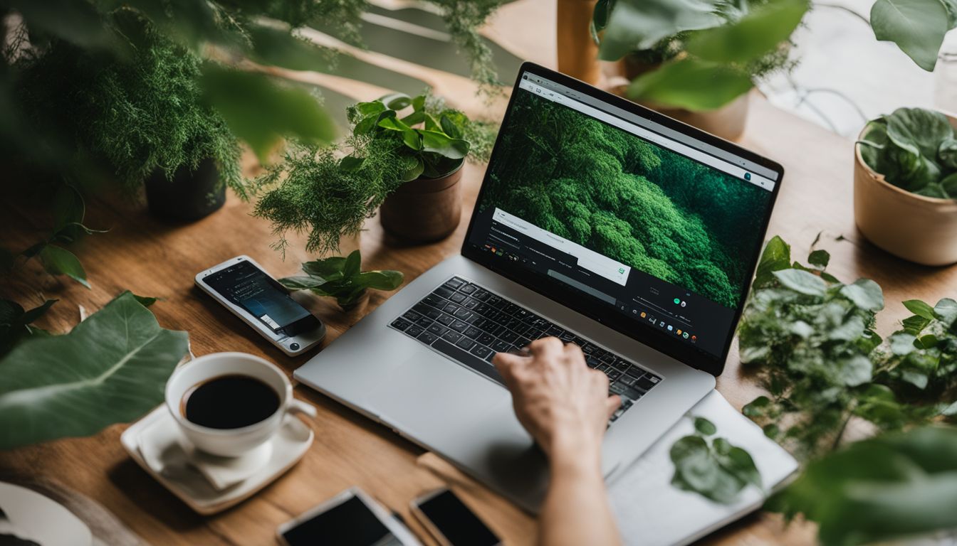 A laptop displaying Google Search Console surrounded by diverse people and greenery.