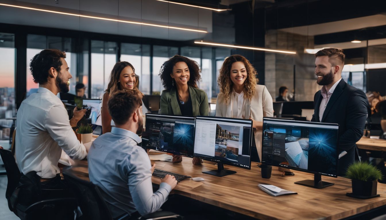 A diverse team collaborating on a digital marketing project in a modern office.