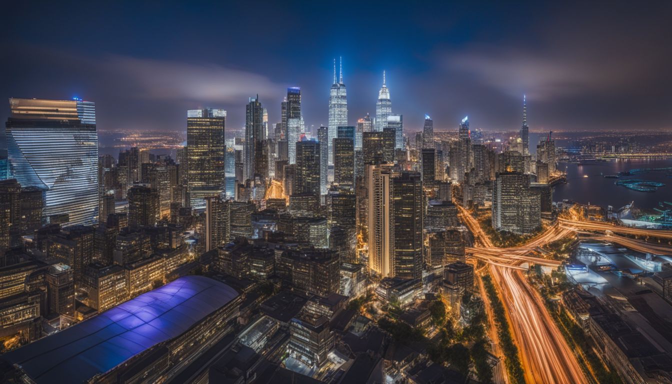 A modern architectural masterpiece against a city backdrop with diverse people.