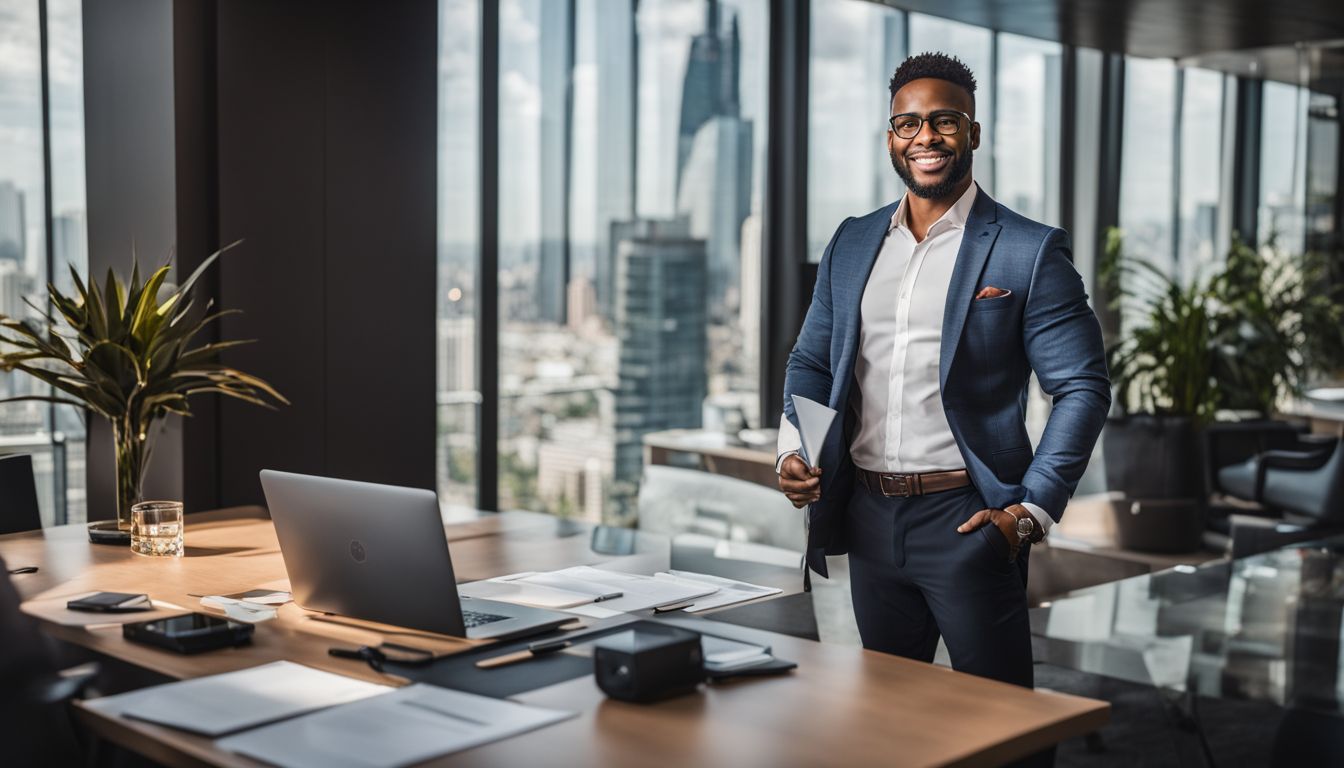 A business professional confidently presents digital marketing success metrics in a modern office setting. A business professional confidently presents digital marketing success metrics in a modern office setting.