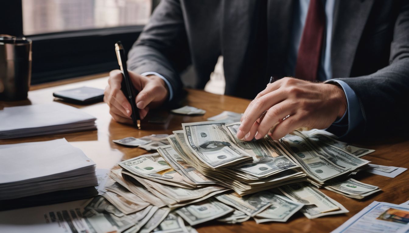 A person counting money surrounded by financial documents in a city.