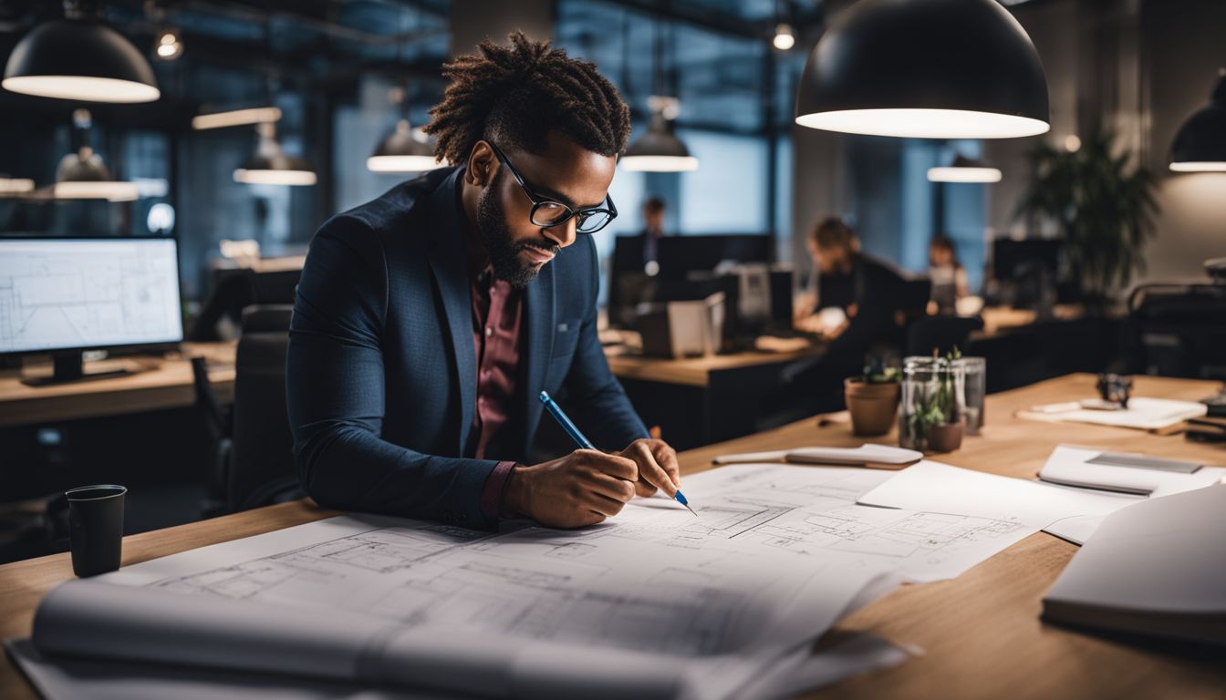 An architect sketching blueprints in a modern office setting.
