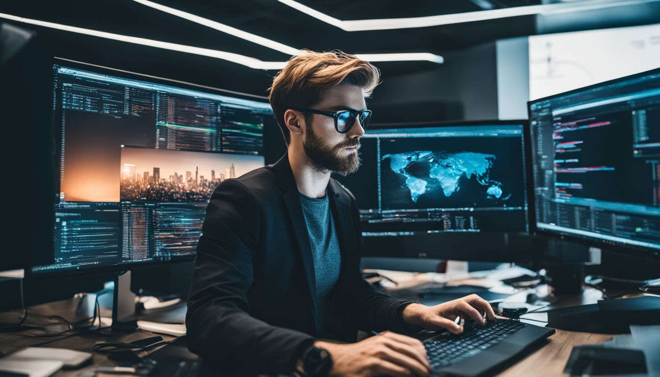 A web developer analyzing website data with a magnifying glass.