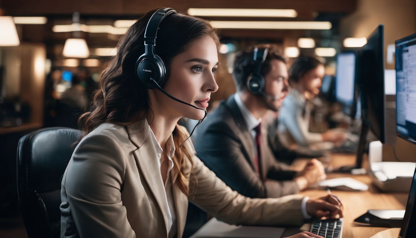 A professional customer support agent assists a satisfied customer in an office environment.
