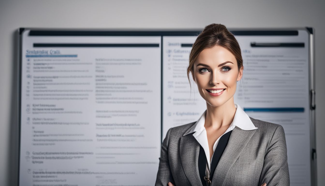 A businesswoman reviewing strategic goals on a whiteboard with checklist.
