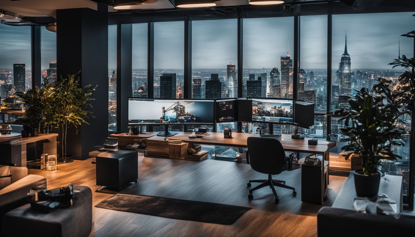 A modern digital marketing office with diverse employees and high-tech equipment. A modern digital marketing office with diverse employees and high-tech equipment.