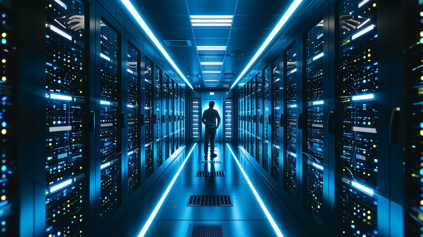 A computer server room with website sitemap indexing, search engine robots, and photography equipment.
