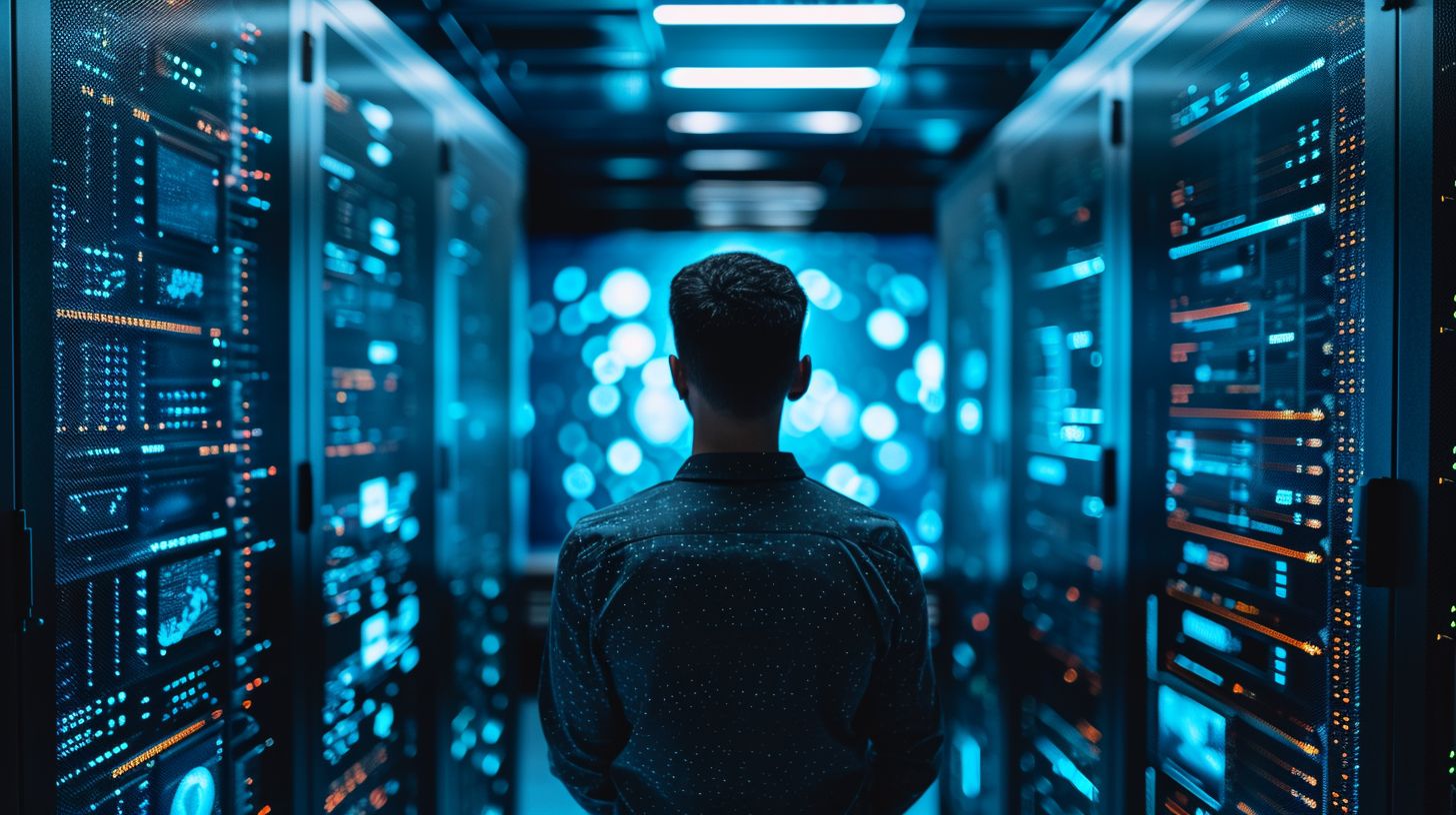A computer server room with website sitemap, search engine robots, and photography equipment.