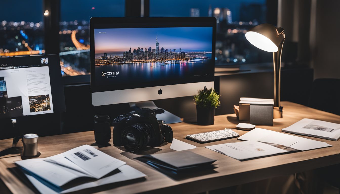 A minimalist office desk with branded marketing materials and cityscape photography.